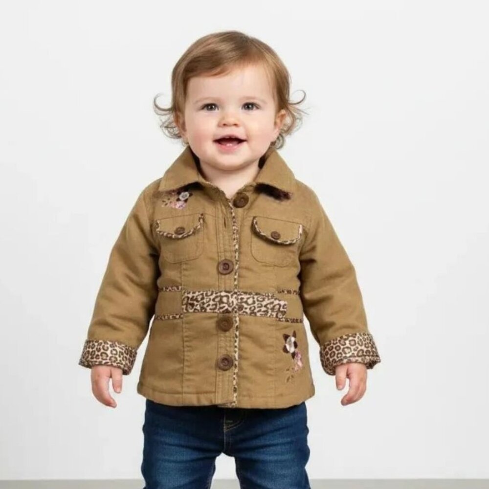 Nannette Faux Suede Embroidered Jacket with Leopard Trim Baby Girl size 12 M